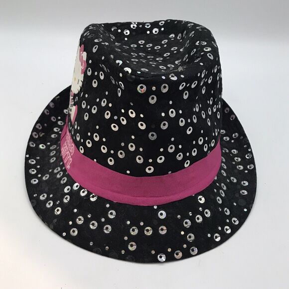 Hello Kitty Fedora Hat Sanrio Girls OSFM Black & Pink Sequins Bucket Headwear - Picture 4 of 8